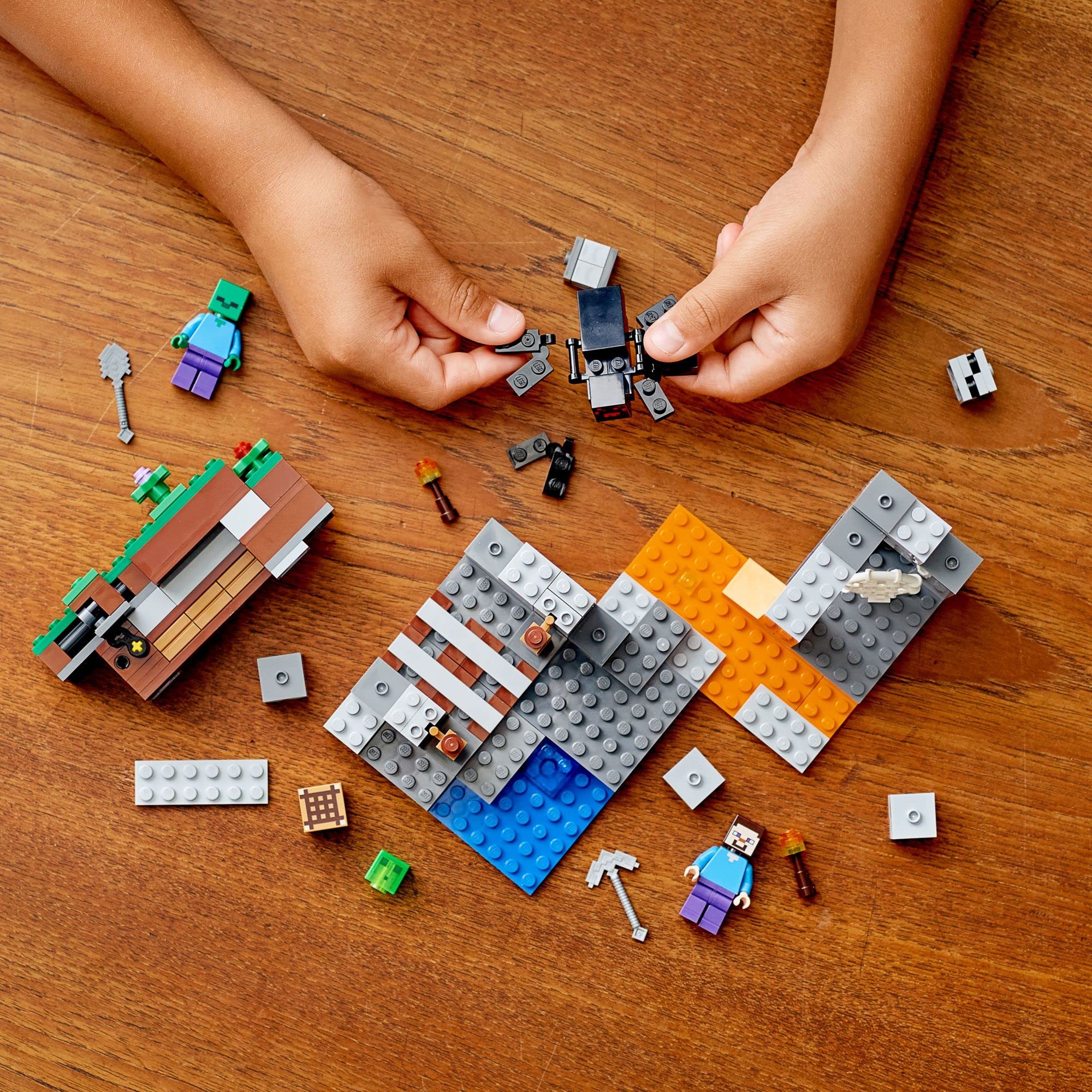 LEGO Minecraft The Abandoned Mine spider figure adds suspenseful encounters during build adventures.