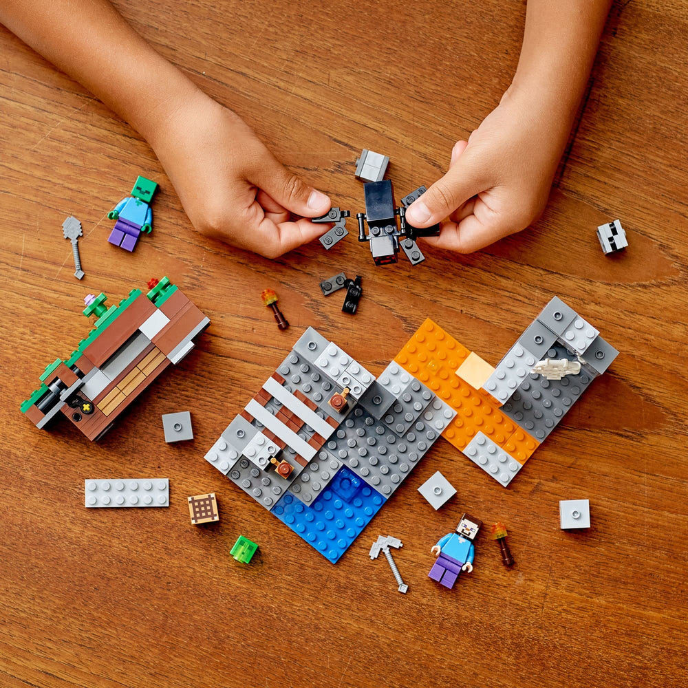 LEGO Minecraft The Abandoned Mine spider figure adds suspenseful encounters during build adventures.