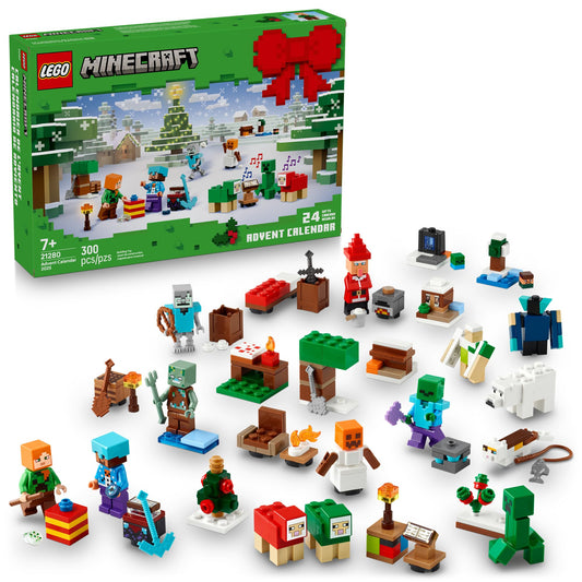 LEGO Minecraft Advent Calendar 2025 front view with minifigures for daily holiday fun