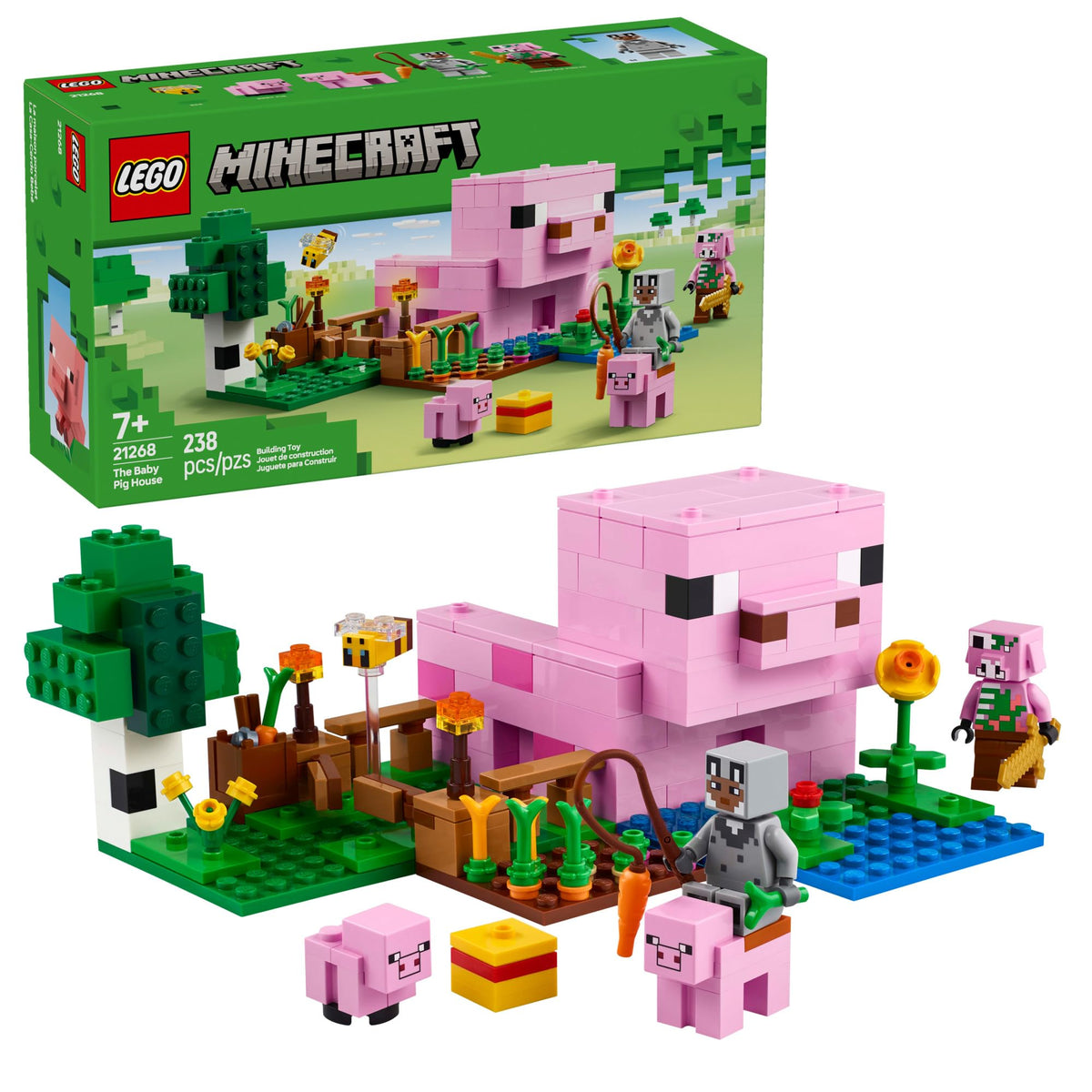 LEGO Minecraft Baby Pig House front view with figures for imaginative play
