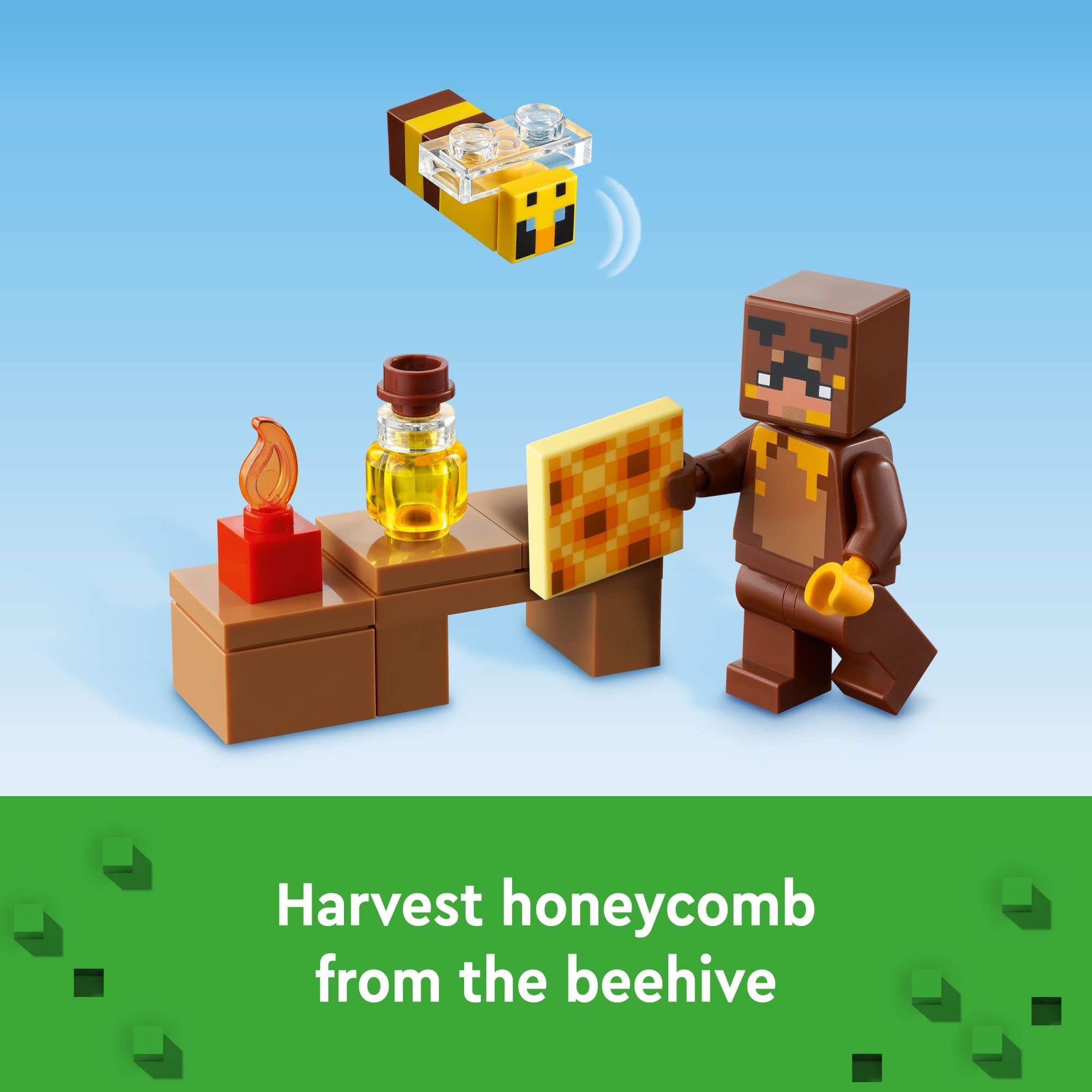 LEGO Minecraft Bee Cottage beehive and honeycomb for outdoor harvesting play.
