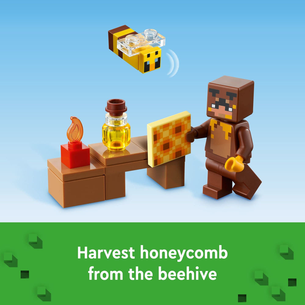 LEGO Minecraft Bee Cottage beehive and honeycomb for outdoor harvesting play.