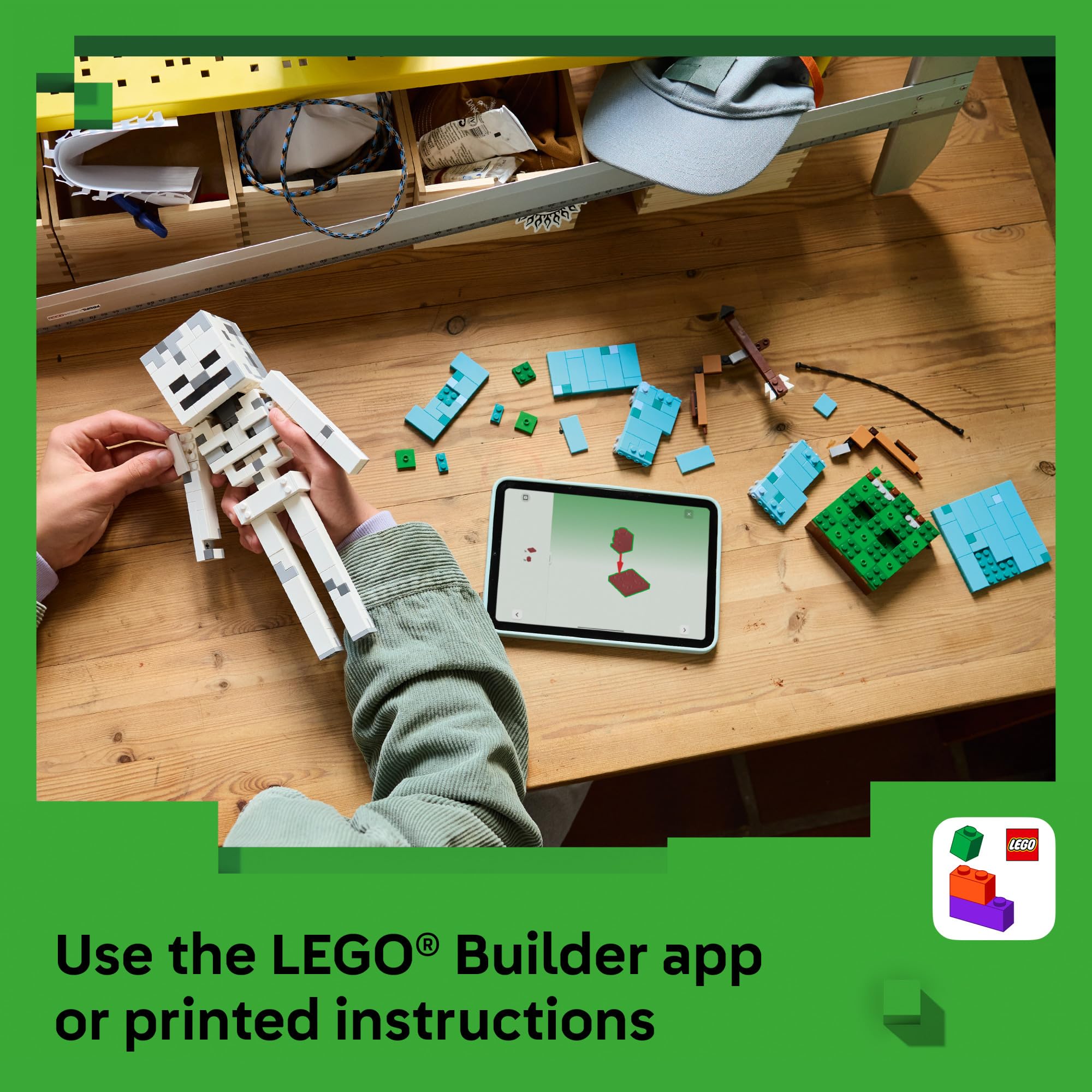 LEGO Minecraft builder app screenshot showing guided instructions benefit
