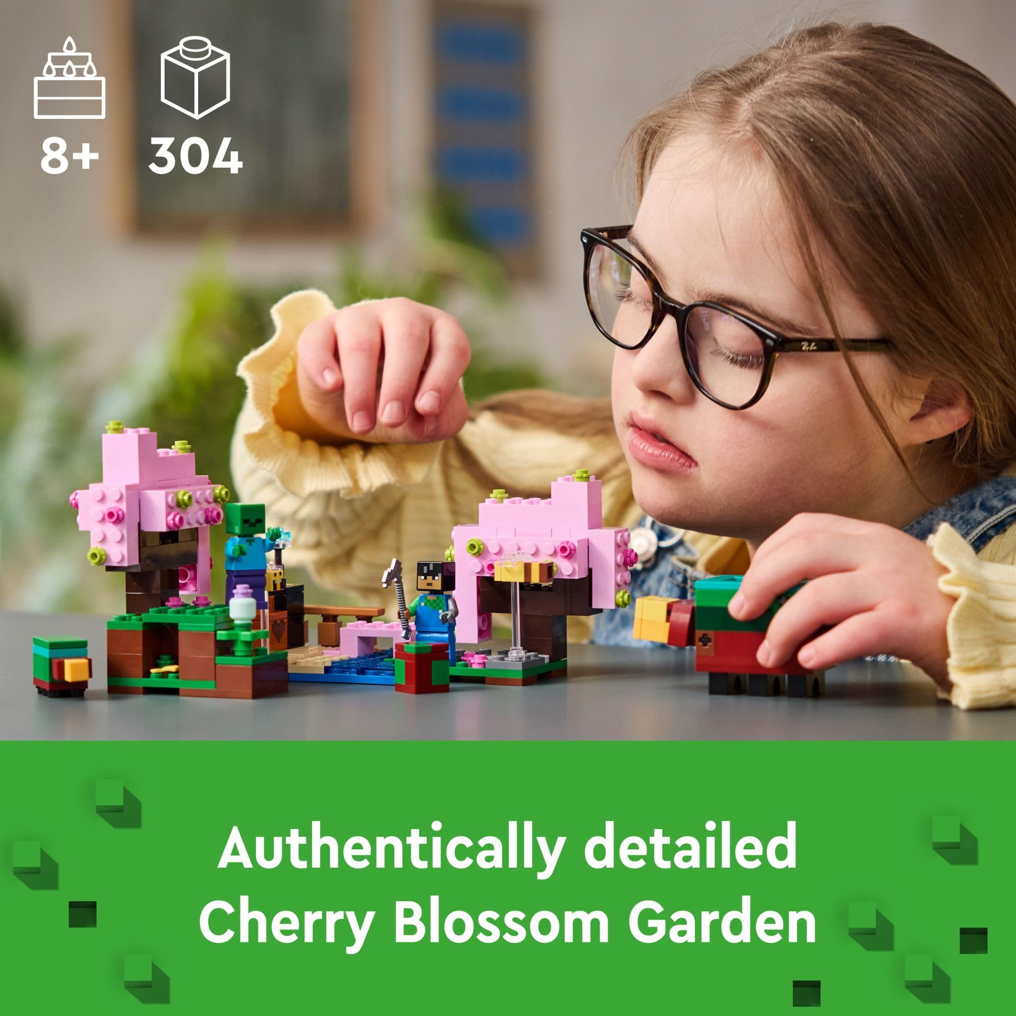 LEGO Minecraft Cherry Blossom Garden bridge invites story-led adventures across a tranquil stream.