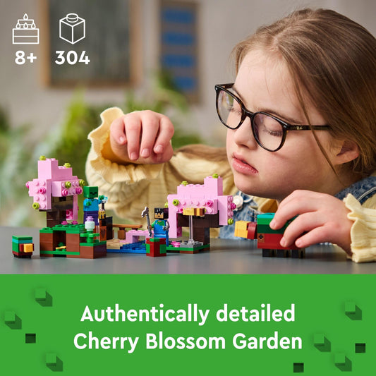 LEGO Minecraft Cherry Blossom Garden bridge invites story-led adventures across a tranquil stream.