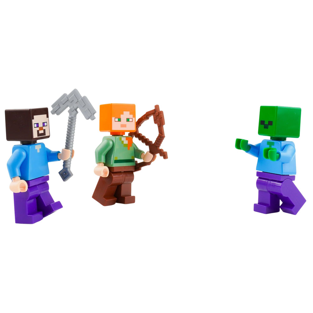 LEGO Minecraft Steve, Alex, and Zombie minifigures loose pieces ready for building