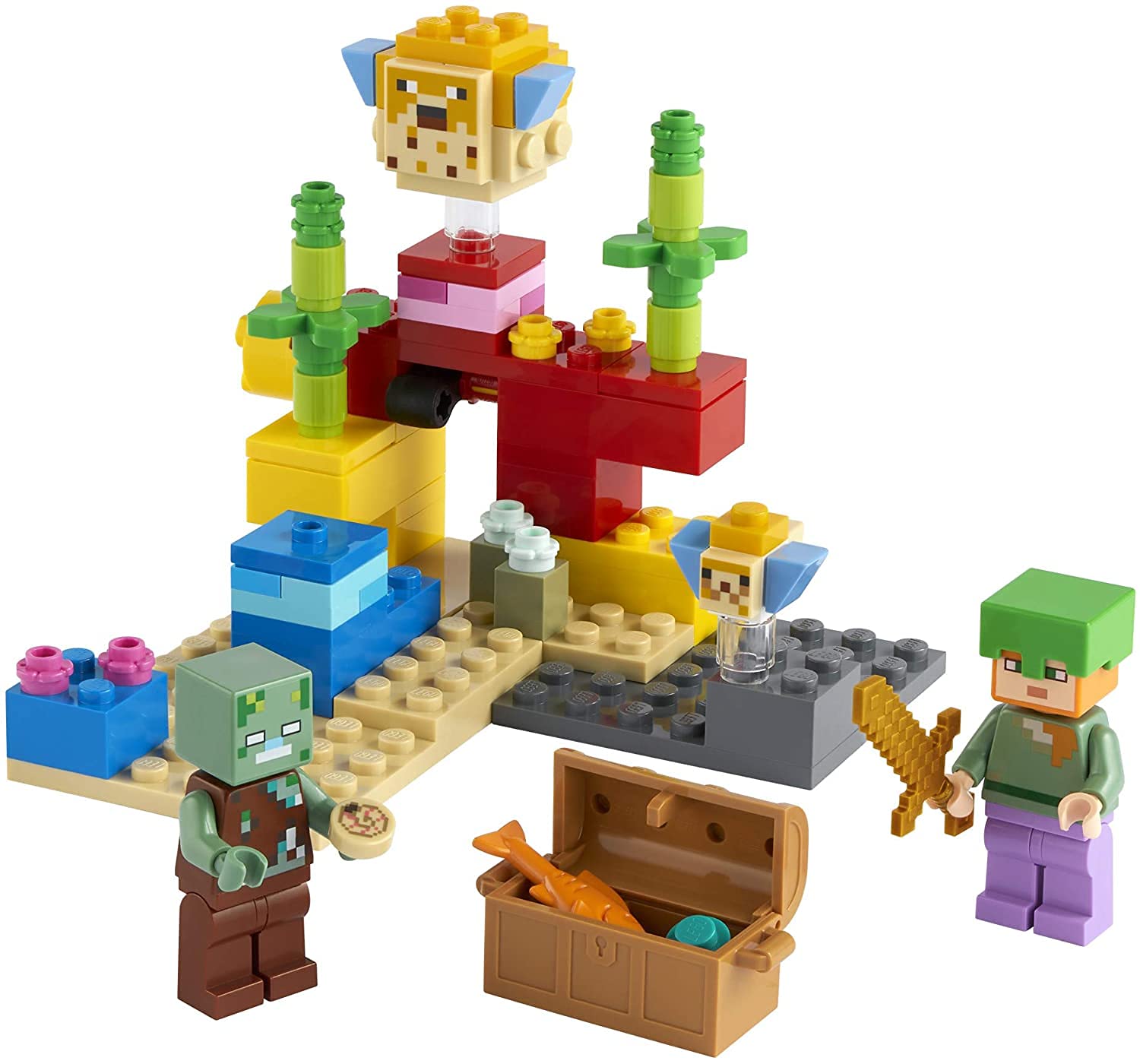 LEGO Minecraft Coral Reef: treasure chest opens to reveal a pearl.