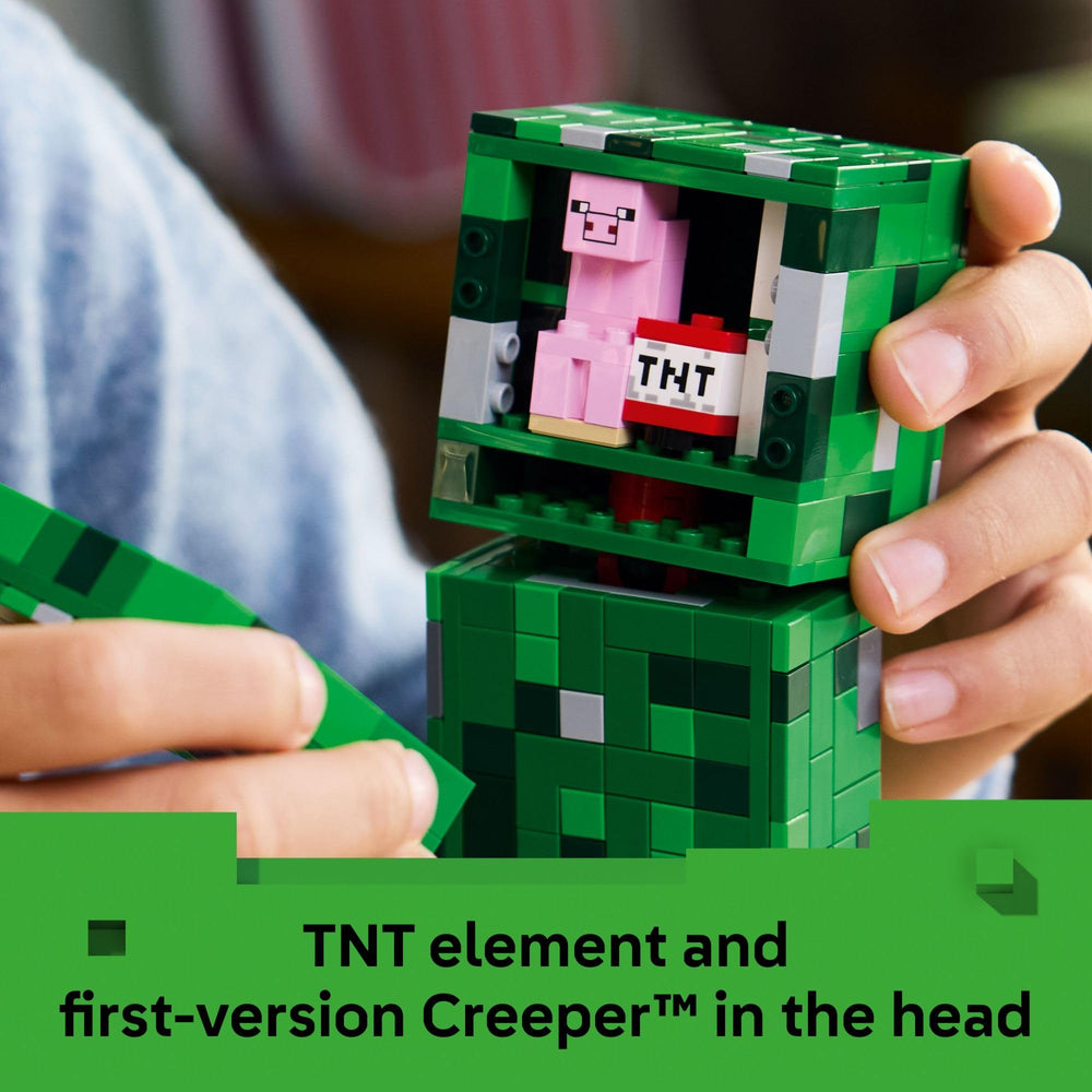 LEGO Minecraft Creeper minifigure inside fuels collectible-inspired pretend play.