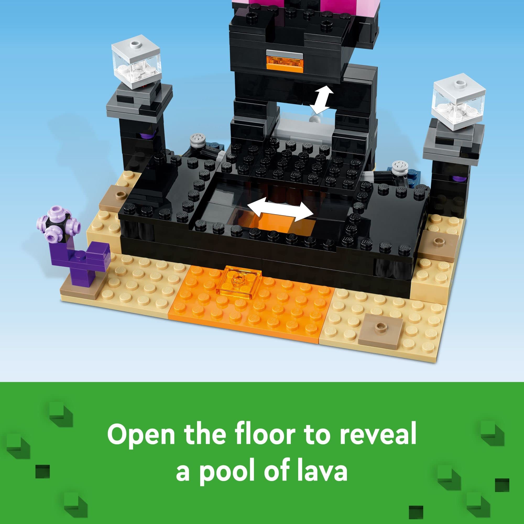 LEGO Minecraft End Arena movable floor reveals a lava pool during battles.