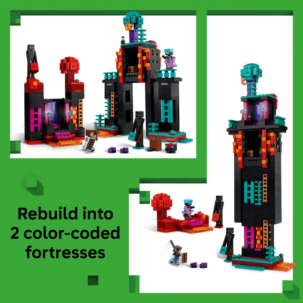 LEGO Minecraft Enderman Tower interior shows crafting table setup for pretend builds.