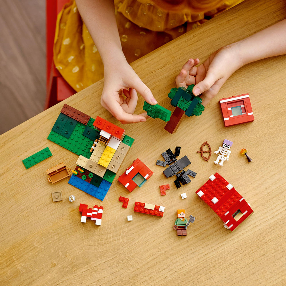 LEGO Minecraft Mooshroom cow figure ready for farming and storytelling scenes.