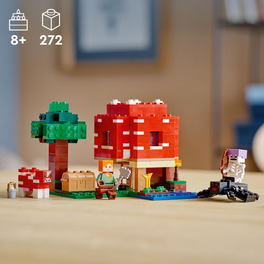 LEGO Minecraft Mushroom House lift-off roof showcases accessible interior for quick setup.