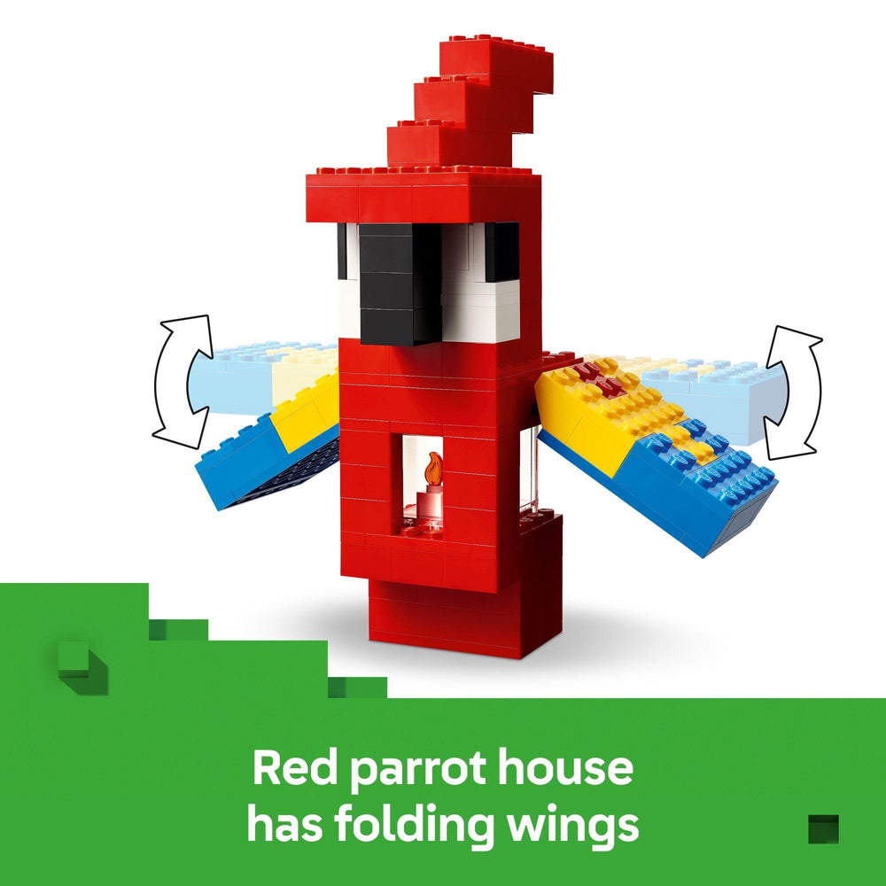 LEGO Minecraft Parrot Houses blue house with dancing parrot feature for dynamic pretend play.