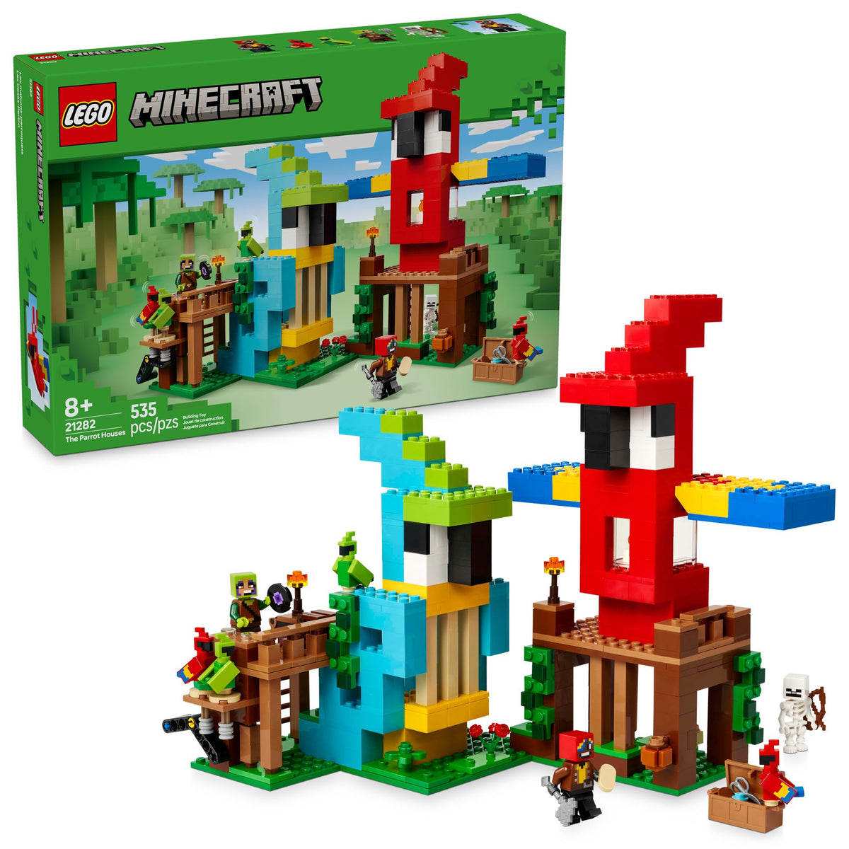 LEGO Minecraft Parrot Houses front view shows two colorful homes for imaginative play.