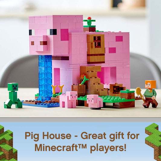 LEGO Minecraft pig house opening side shows removable roof for hidden room exploration.
