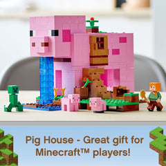 LEGO Minecraft pig house opening side shows removable roof for hidden room exploration.