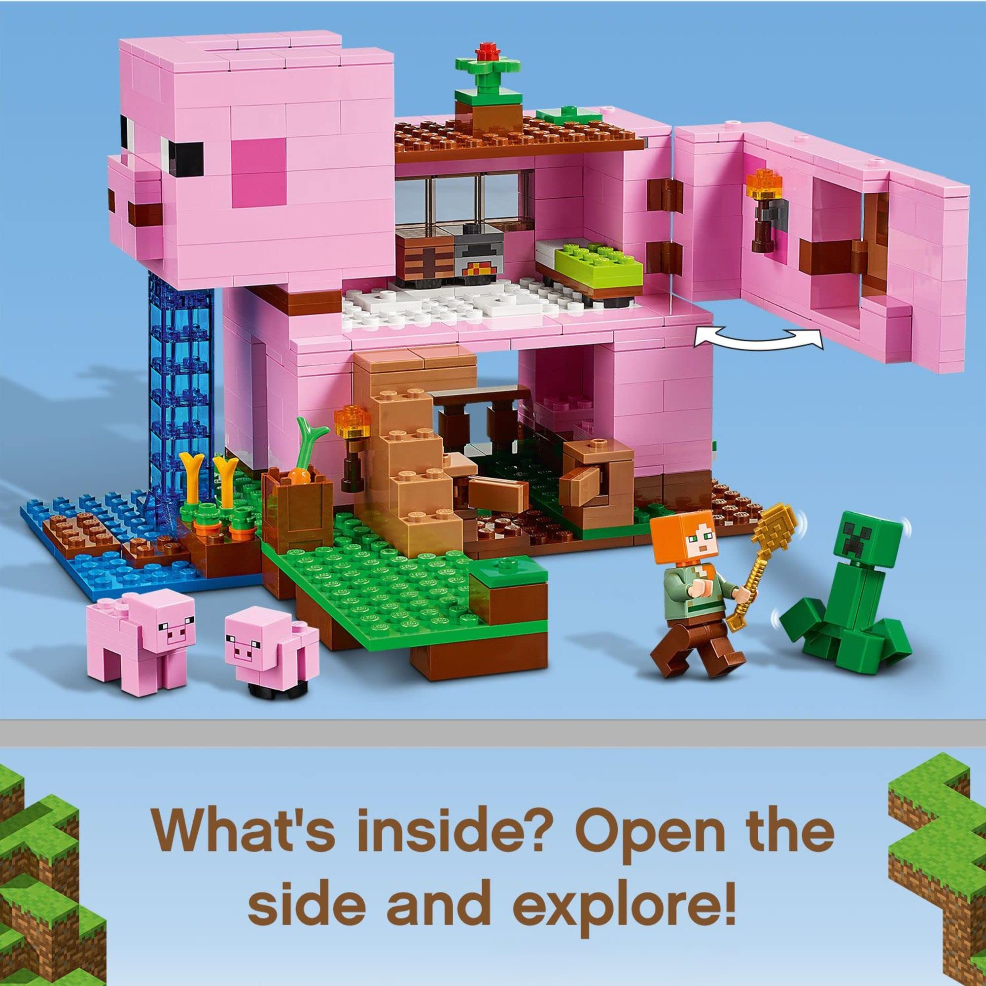LEGO Minecraft pig house removable roof reveals hidden rooms for exploration.