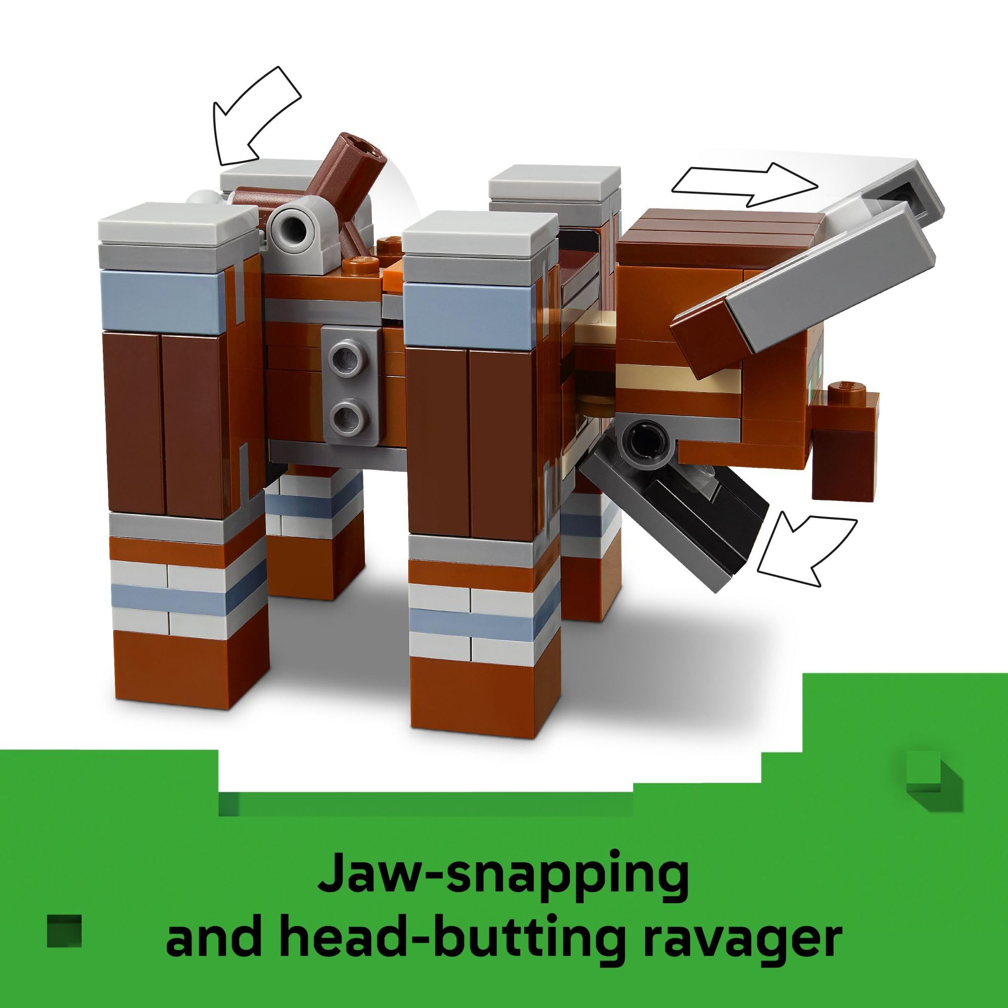 LEGO Minecraft Pillager Outpost Ravager minifigures posed for storytelling.
