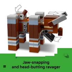 LEGO Minecraft Pillager Outpost Ravager minifigures posed for storytelling.