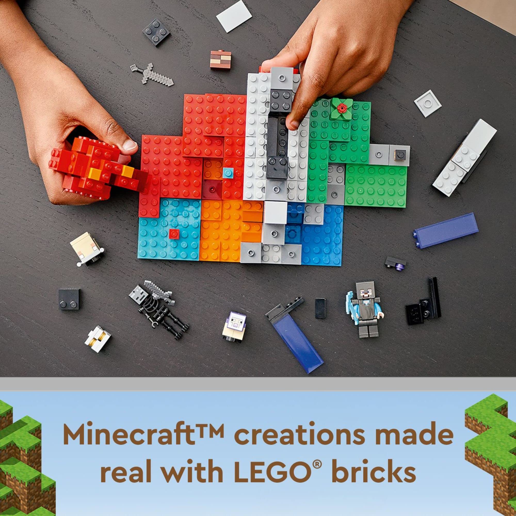 LEGO Minecraft 21172 portal display supports portable, ongoing play sessions.
