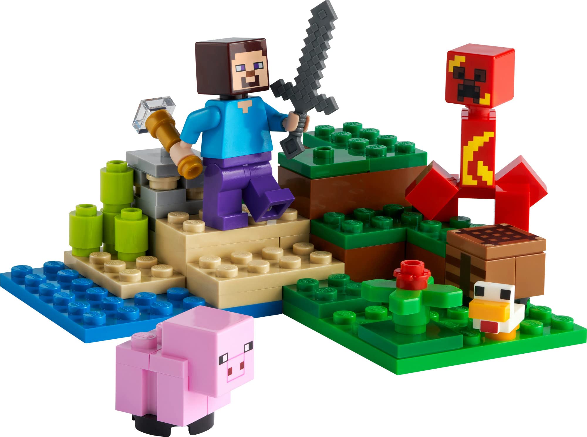 LEGO Minecraft The Creeper Ambush—iron ore and crafting table support imaginative building.