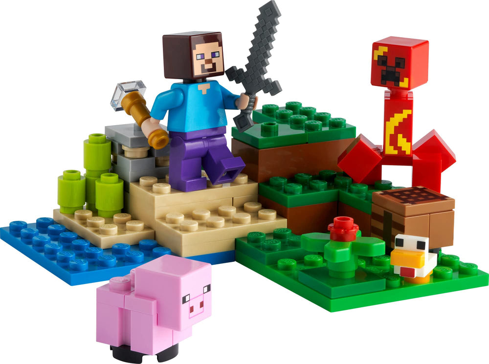 LEGO Minecraft The Creeper Ambush—iron ore and crafting table support imaginative building.