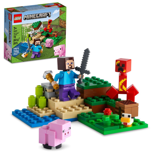 LEGO Minecraft The Creeper Ambush—Steve at the crafting table with iron ore, boosting creative play.