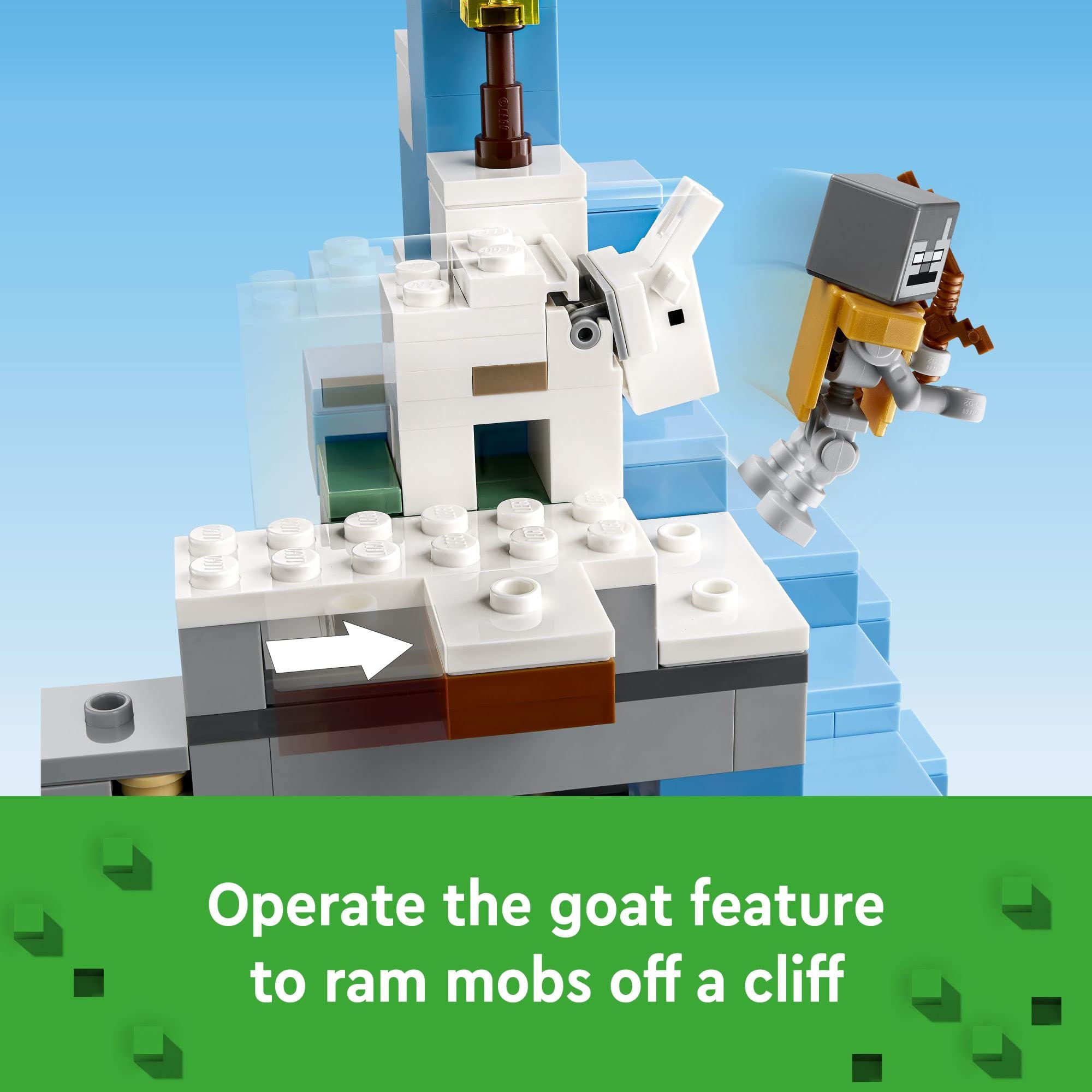 LEGO Minecraft The Frozen Peaks goat-ramming adds interactive defense during climbs