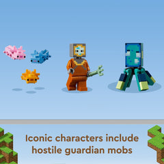 LEGO Minecraft The Guardian Battle trident and laser-action play moments.