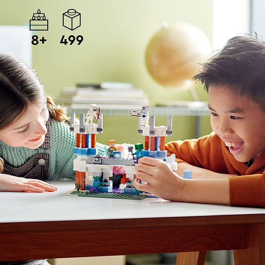 LEGO Minecraft The Ice Castle battlements showcase the arrow launcher for dynamic play scenarios