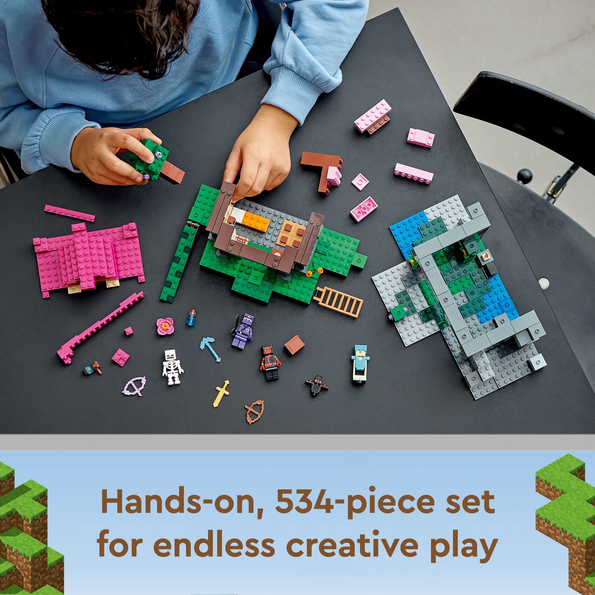 LEGO Minecraft Training Grounds with ninja, rogue, skeleton, and bat figures