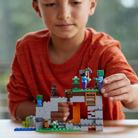LEGO Minecraft The Zombie Cave 21141 figures and cave scene highlight imaginative play with iconic characters.