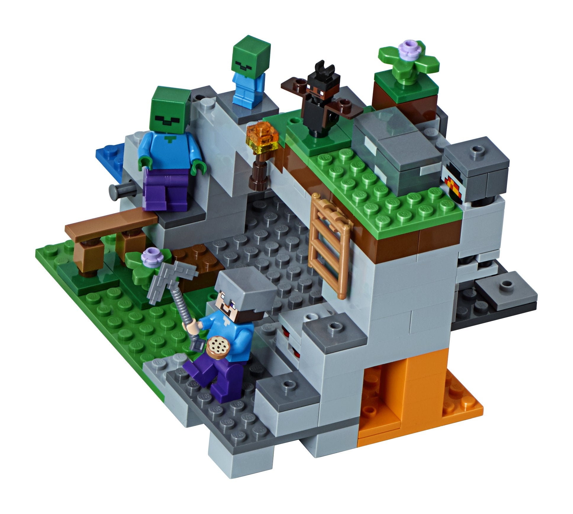 LEGO Minecraft The Zombie Cave 21141 front view encourages immersive, cooperative building adventures.