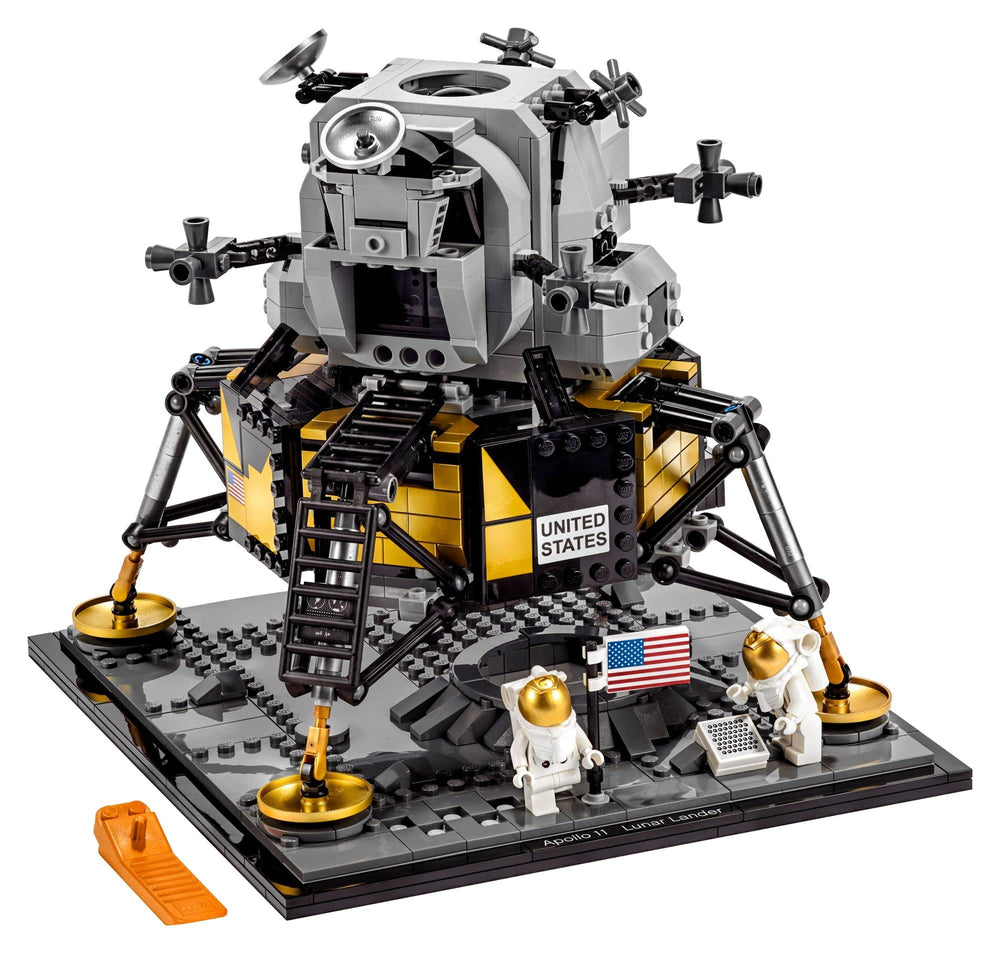 LEGO NASA Apollo 11 Astronaut minifigures with golden helmets for authentic details.