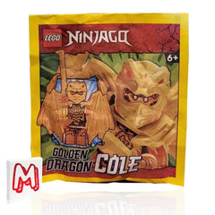 LEGO NINJAGO Cole Golden Dragon figure closeup, highlights golden details.