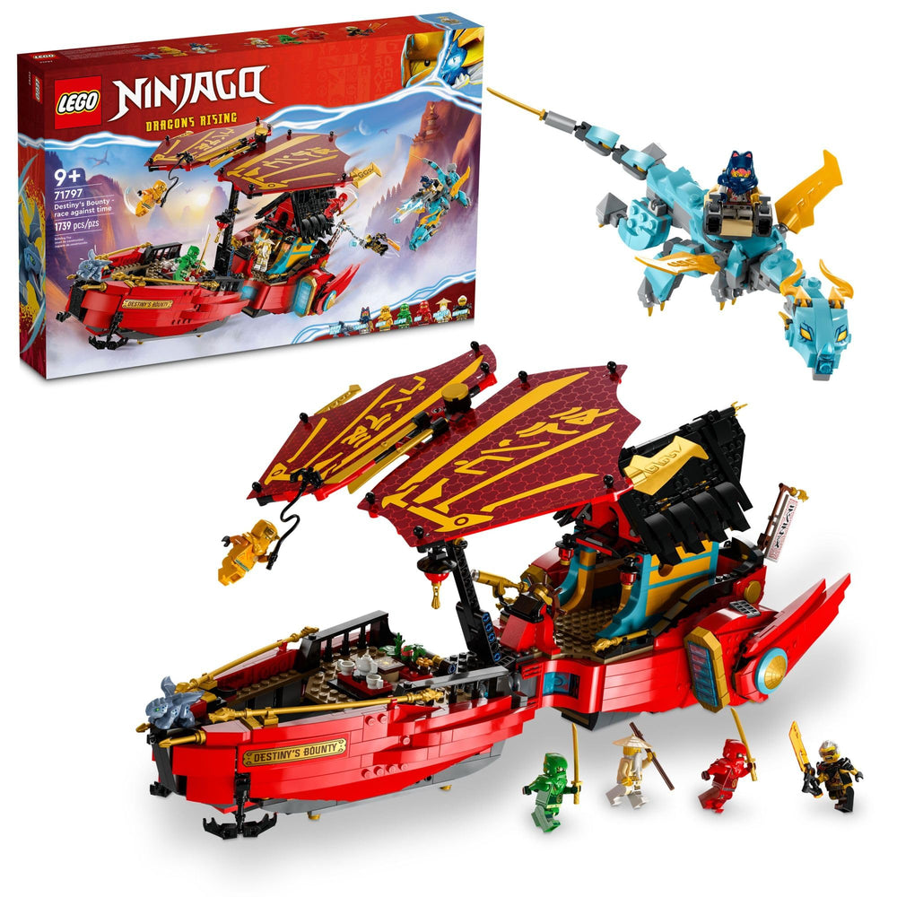 LEGO NINJAGO Destiny's Bounty airship front dragon view inspires imaginative aerial battles