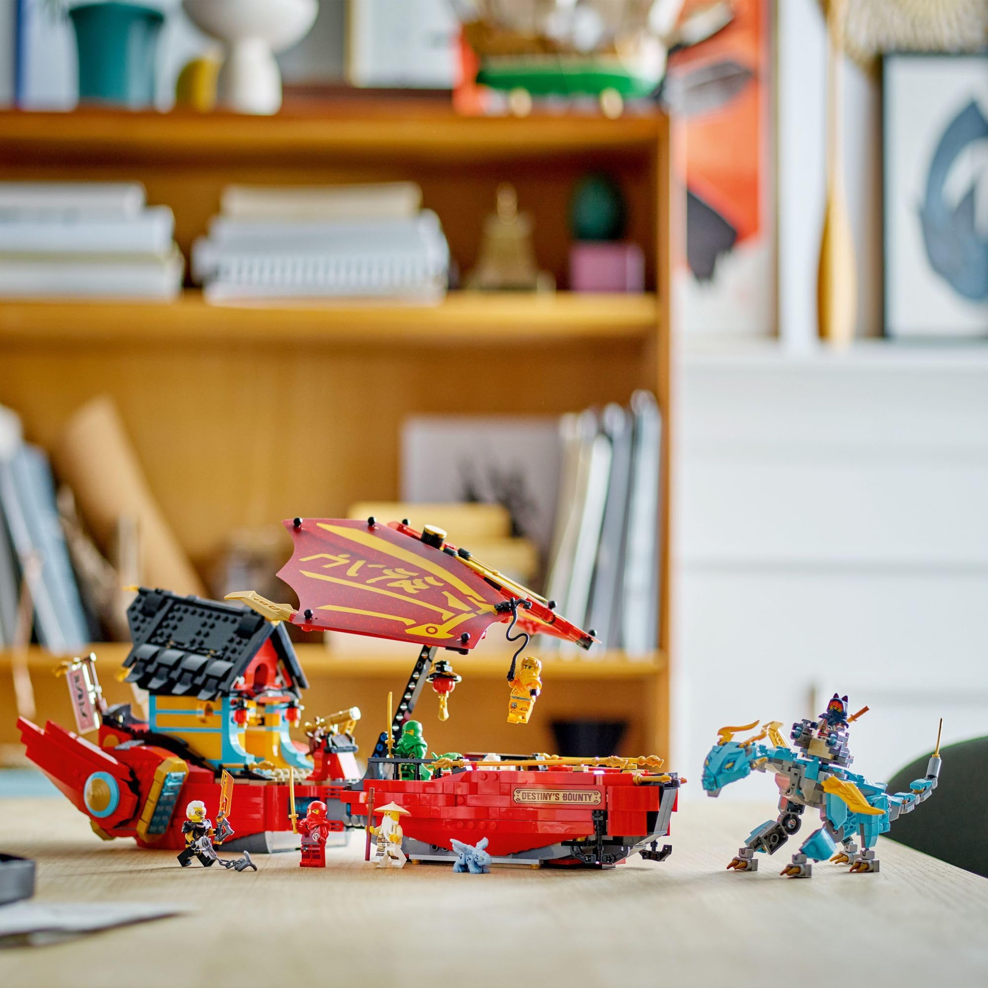 LEGO NINJAGO Destiny's Bounty weapons and minifigs enhance battle-ready scenes