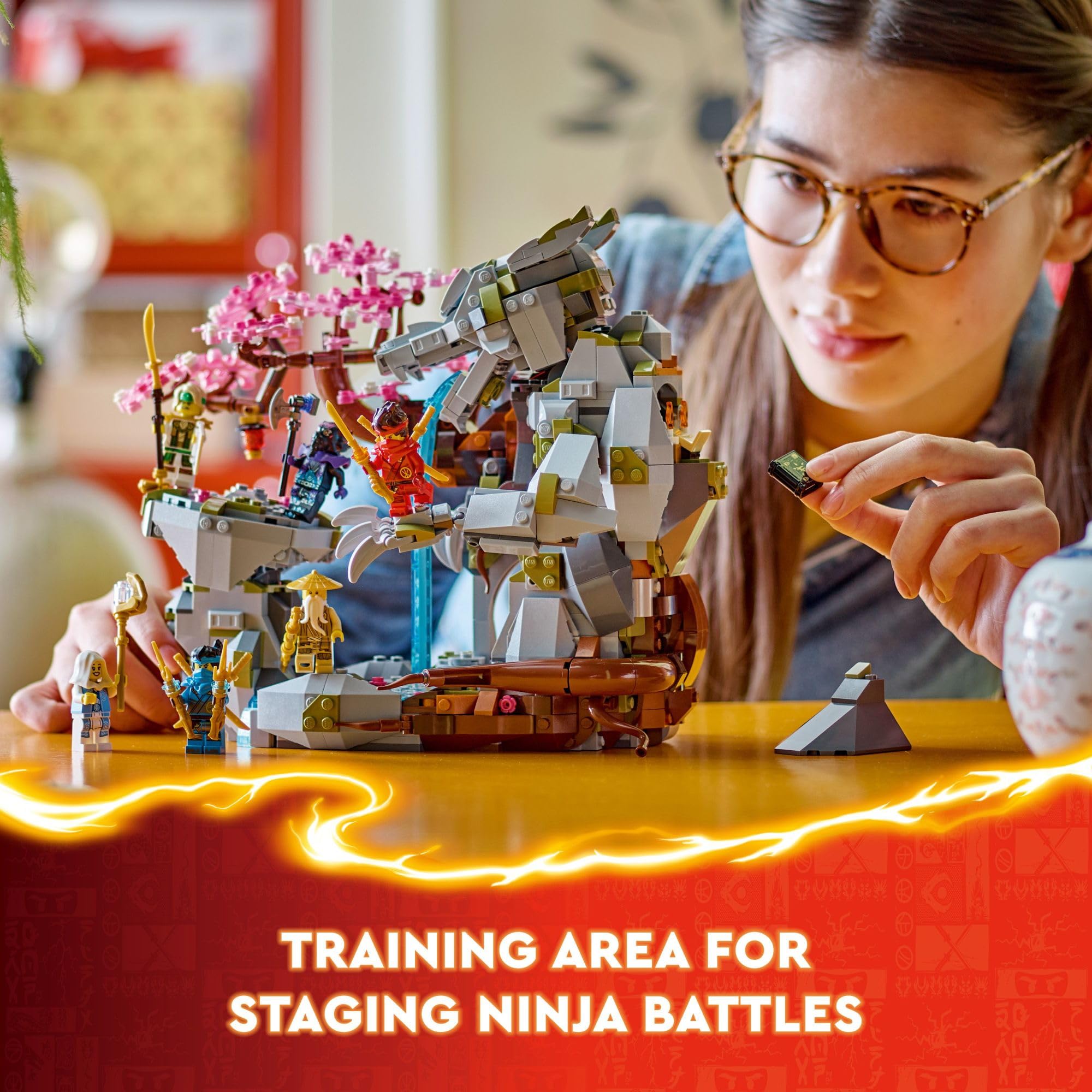 LEGO NINJAGO Dragon Stone Shrine library with scrolls and tea set encourages imagination