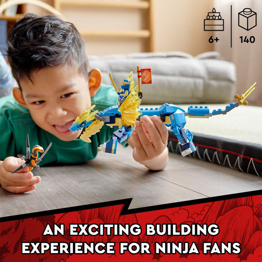 Jay minifigure from LEGO NINJAGO Jay's Thunder Dragon EVO ready for ninja duels.