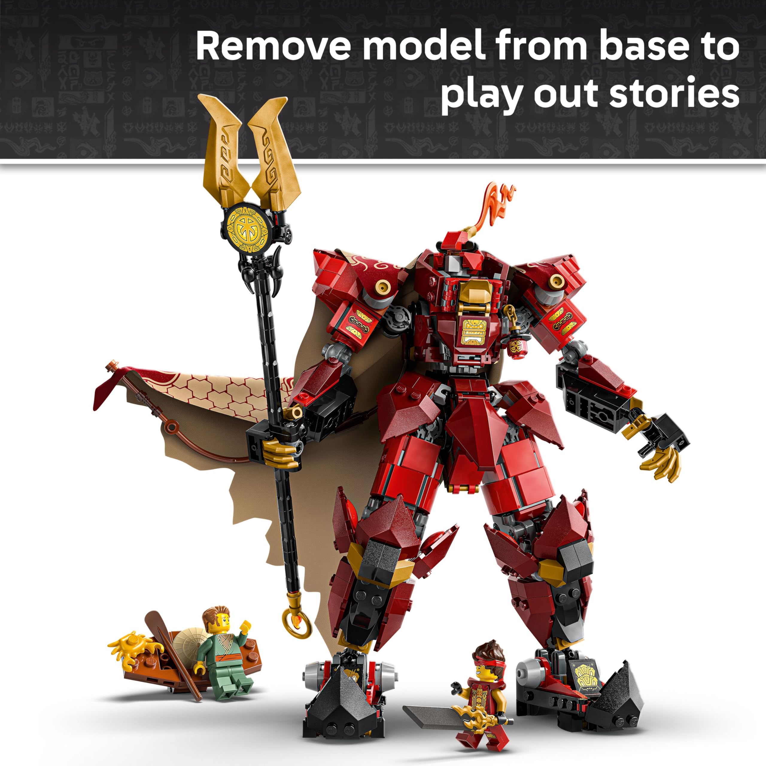 Kai minifigure with magical sword inside the Fire Knight Mech for dynamic battles.
