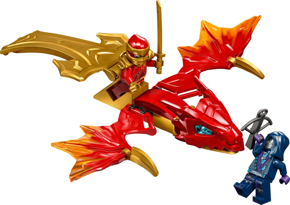 LEGO NINJAGO action shot of Kai and dragon in motion