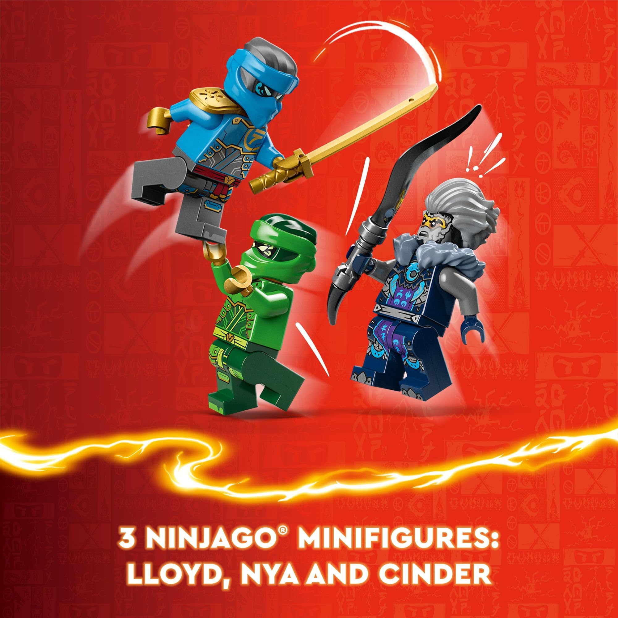 LEGO NINJAGO Lloyd, Nya, and Cinder minifigures ready for action