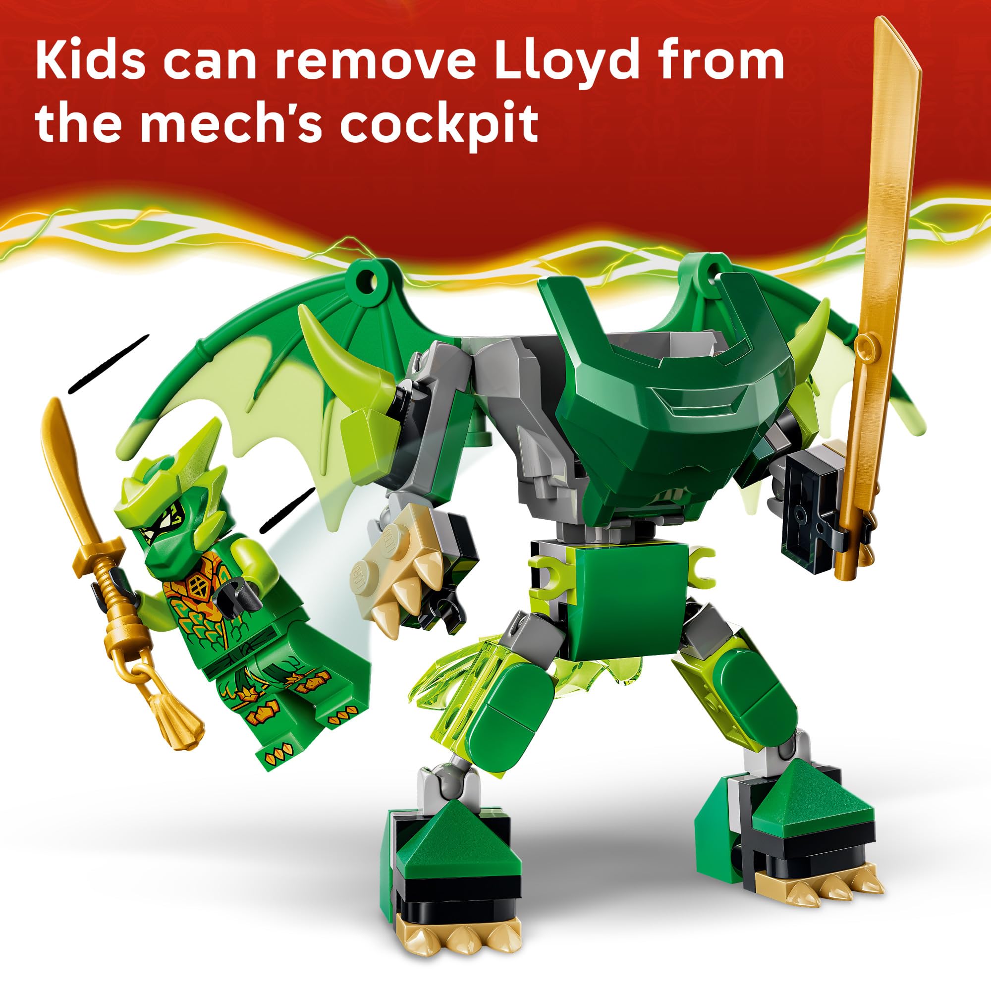 LEGO dragon mech wing and tail close-up highlighting articulation benefits