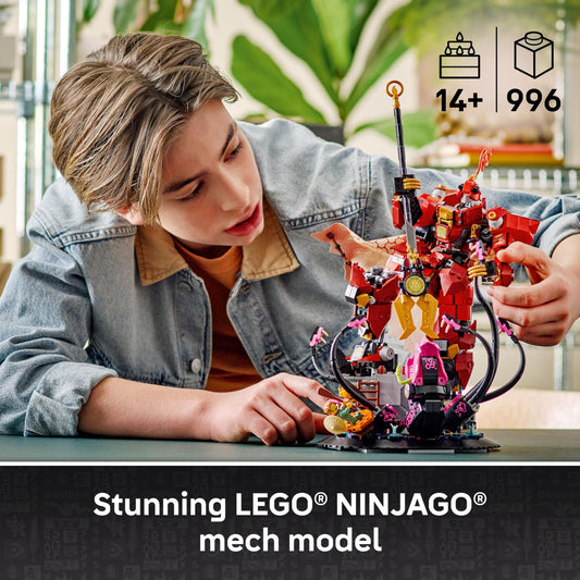 LEGO NINJAGO sea monster encounter with Fire Knight Mech for imaginative storytelling.