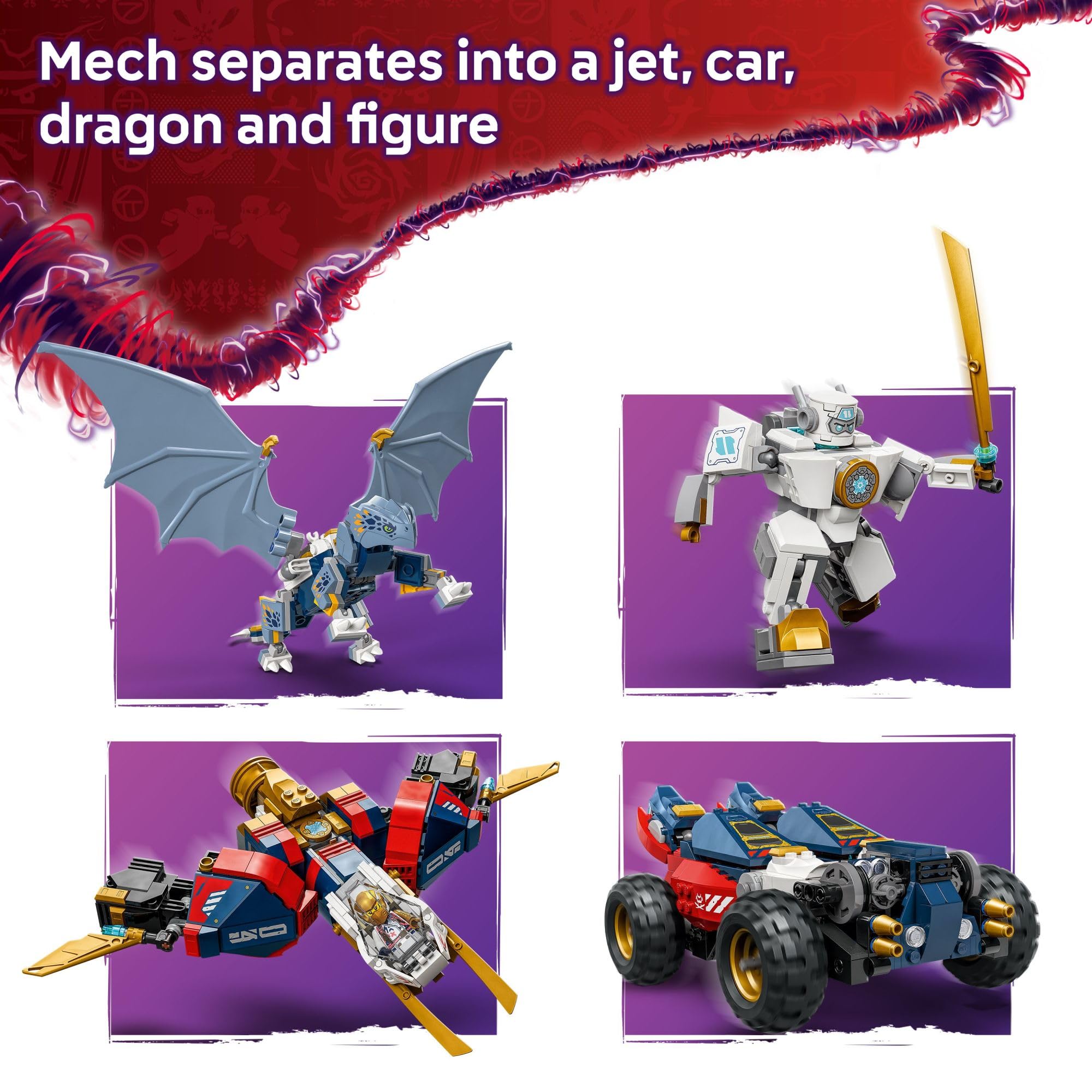 LEGO NINJAGO Zane’s Ultra Combiner Mech car mode, great for fast-paced ground missions.