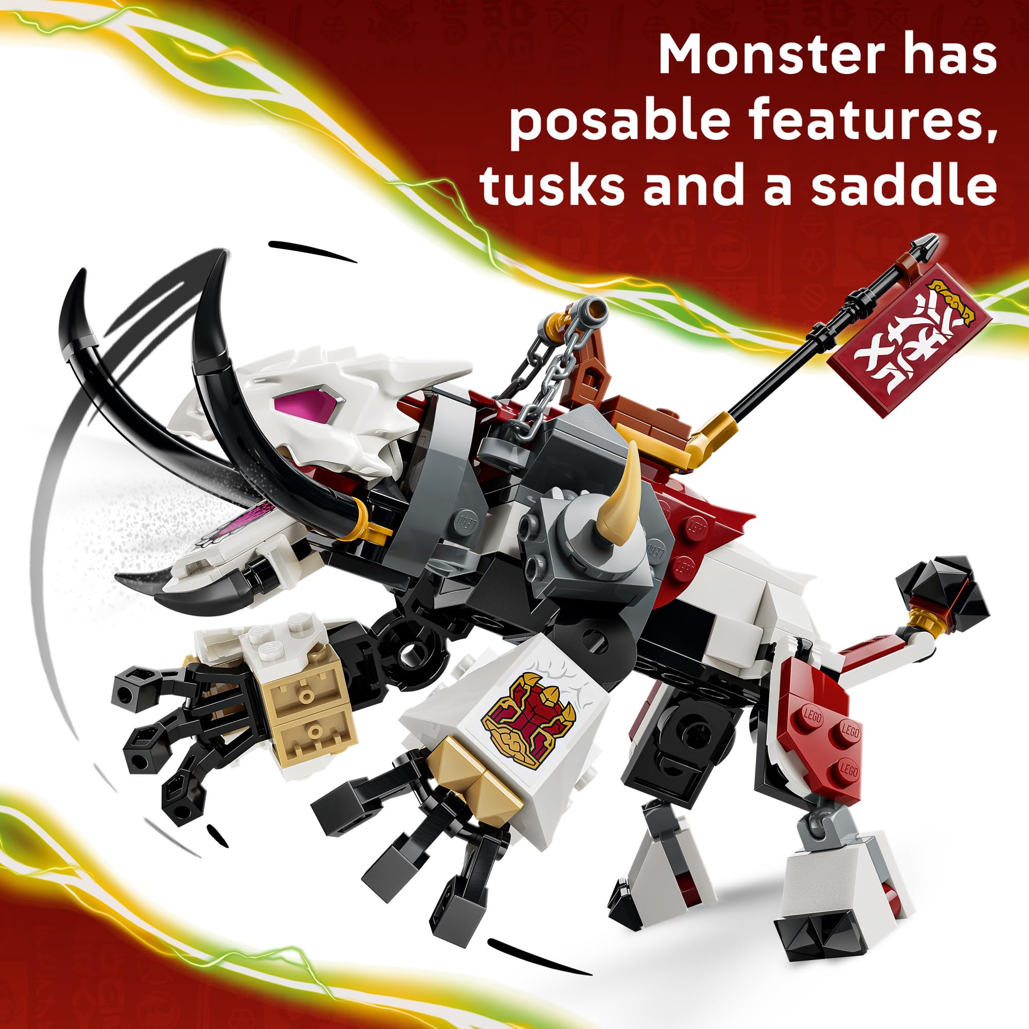 LEGO Zilvar mounted on Grimtak saddle demonstrating battle play