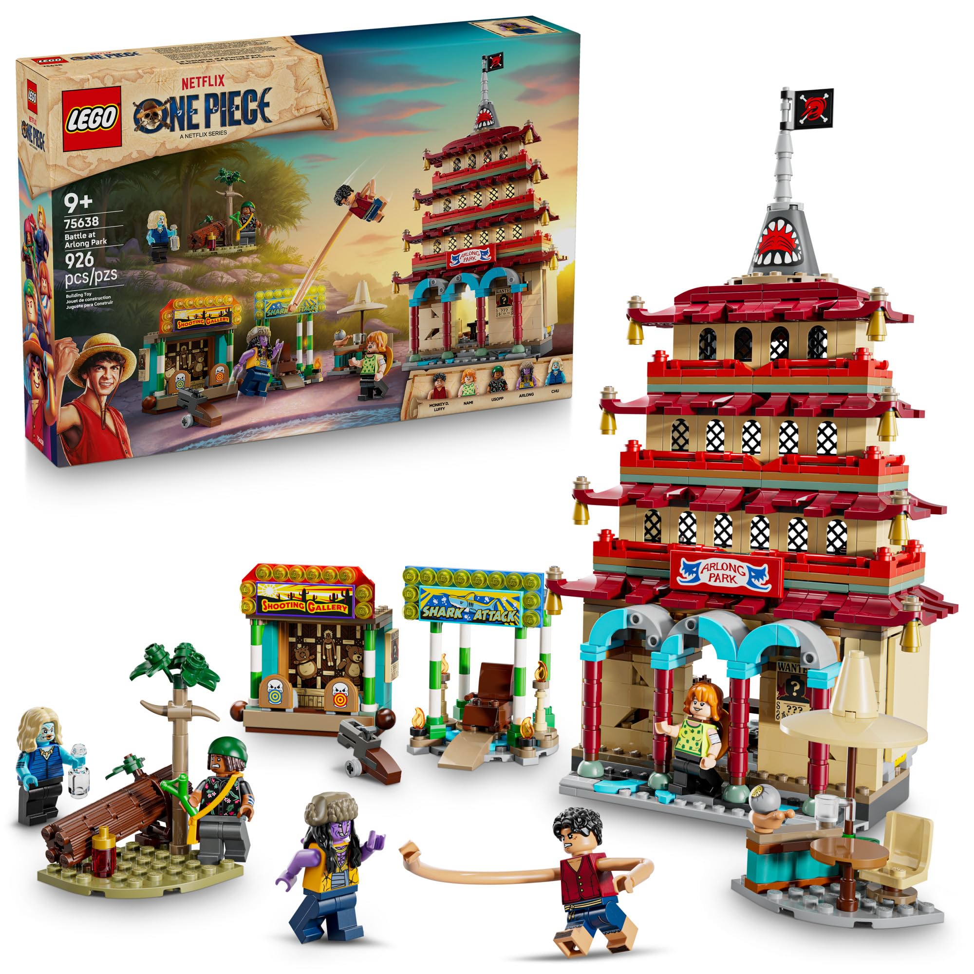 LEGO One Piece Battle at Arlong Park pagoda tower explodes for dramatic pretend battles
