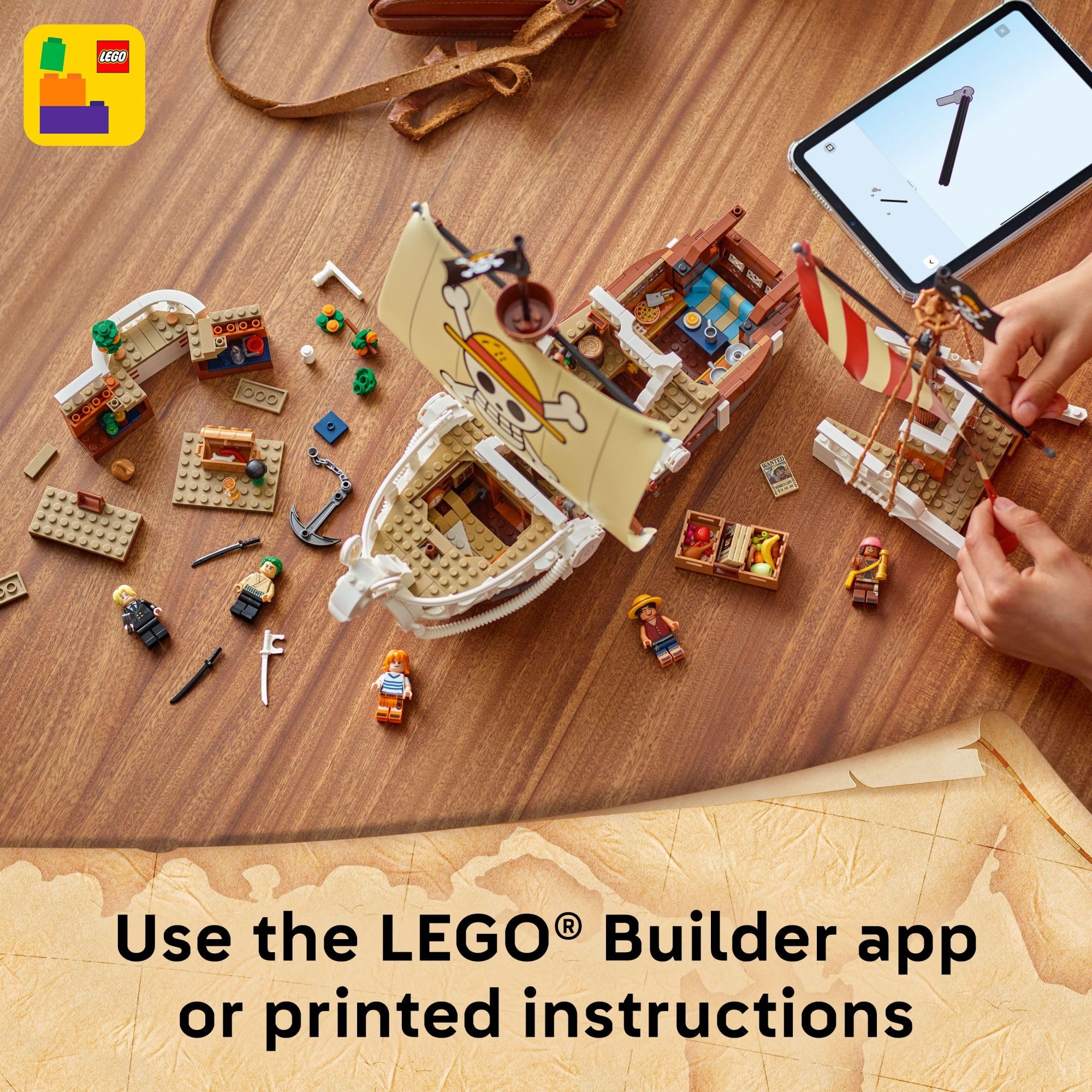 LEGO One Piece Going Merry builder app guidance for easier step-by-step building.