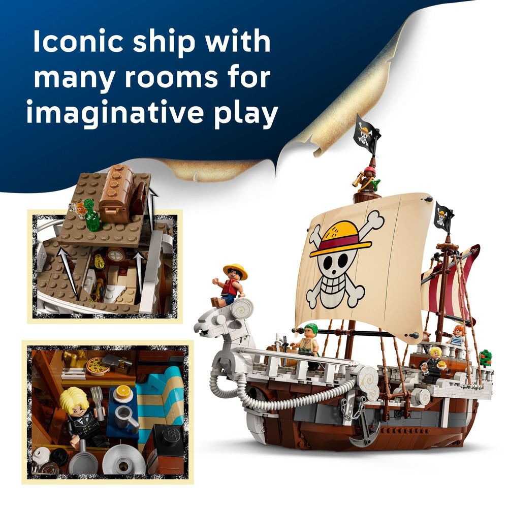 LEGO One Piece Going Merry interior reveals deck-level play areas and storage.