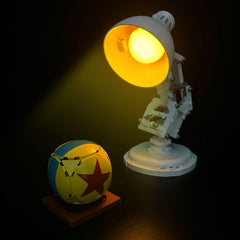 Lego Pixar Luxo Jr light kit assembly enhances the display with added brightness.